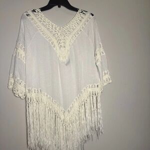 Women's White Crochet Fringe Boho Blouse